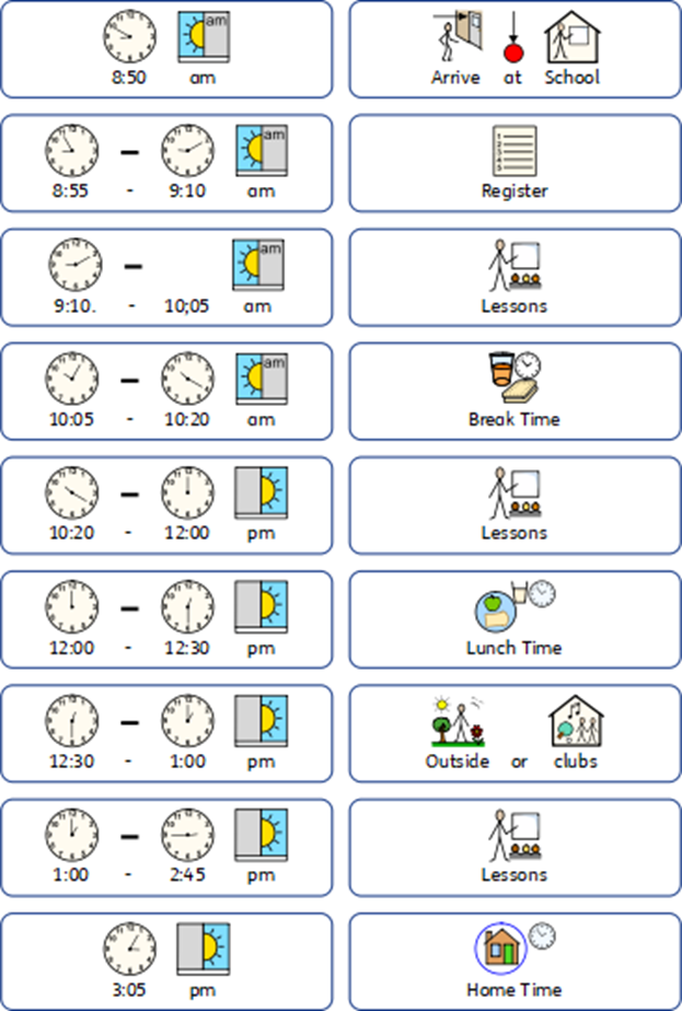 A visual schedule of a typical school day at Ise School, showing time blocks for arrival, registration, lessons, break, lunch, clubs or outdoor time, and home time from 8:50 am to 3:05 pm.